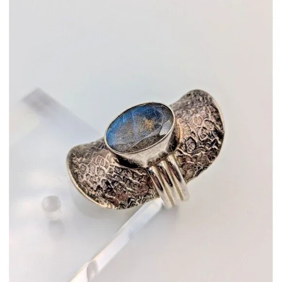 PTI India Sterling Silver 925 Labradorite Saddle Style Cocktail Ring Sz 7